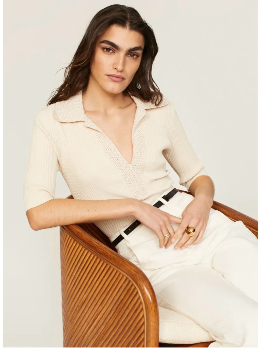 Cream Knit Polo Top with V-Neck